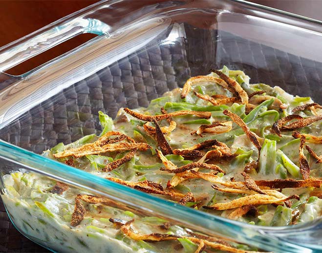 Green bean casserole with crispy onions