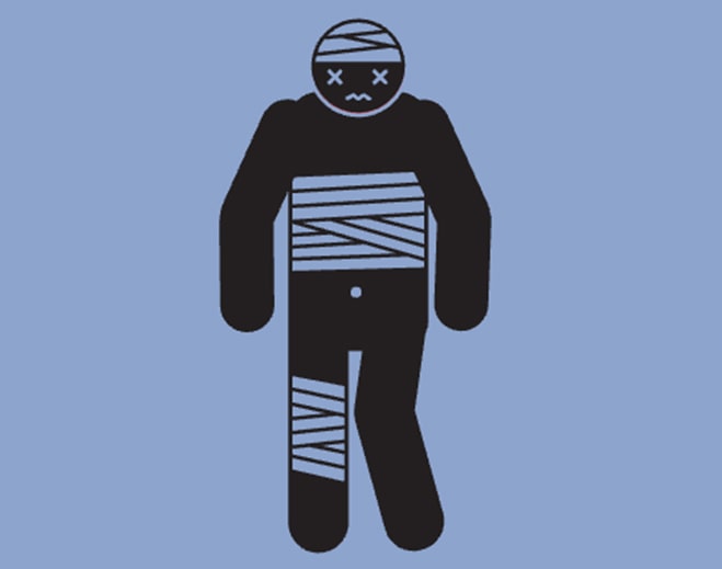 Bandaged figure representing multiple injuries