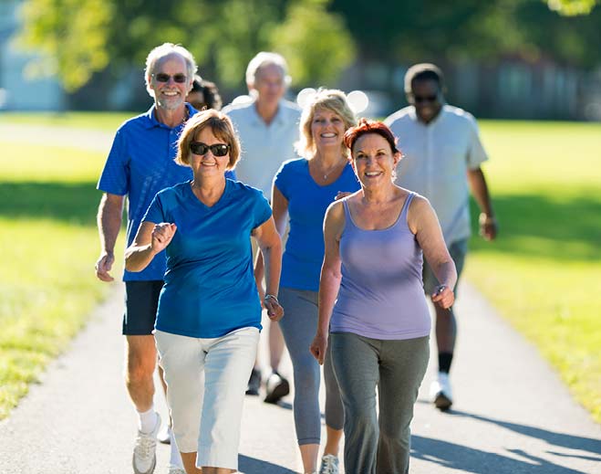 Group walking together on sunny path