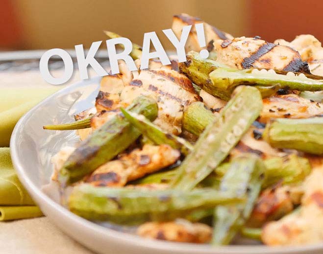 Grilled okra and chicken on plate