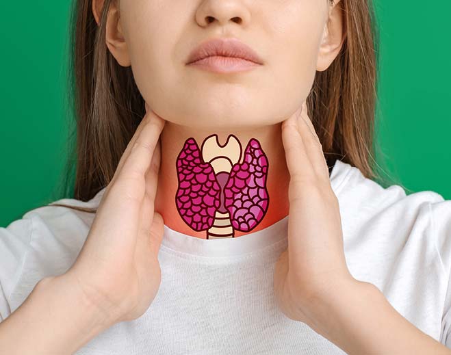 Person holding neck with thyroid illustration