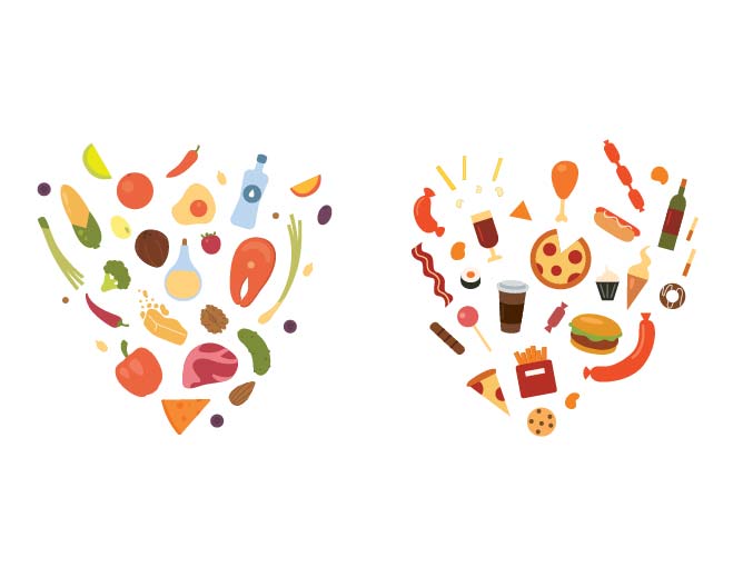 Healthy foods versus junk foods illustration