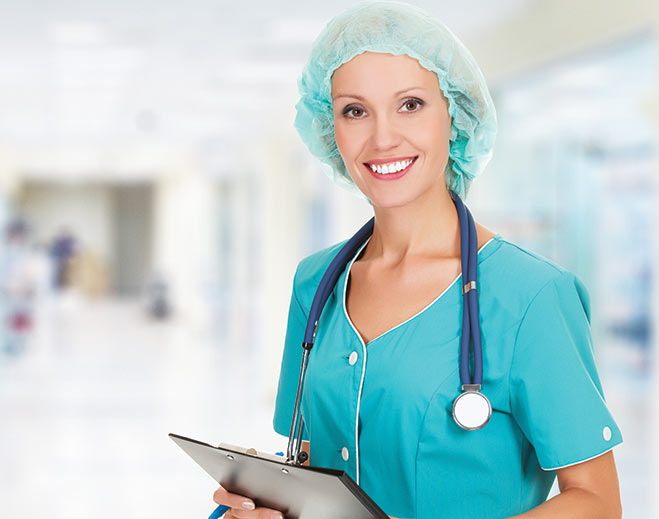 Medical professional holding clipboard in hospital
