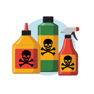 Hazardous cleaning products with skull warning labels