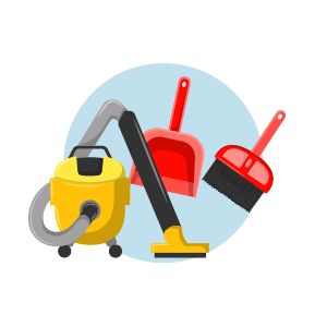 House cleaning tools including vacuum and dustpan