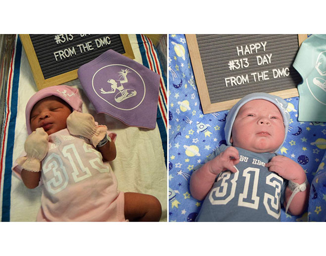 Newborn babies wearing 313 themed outfits