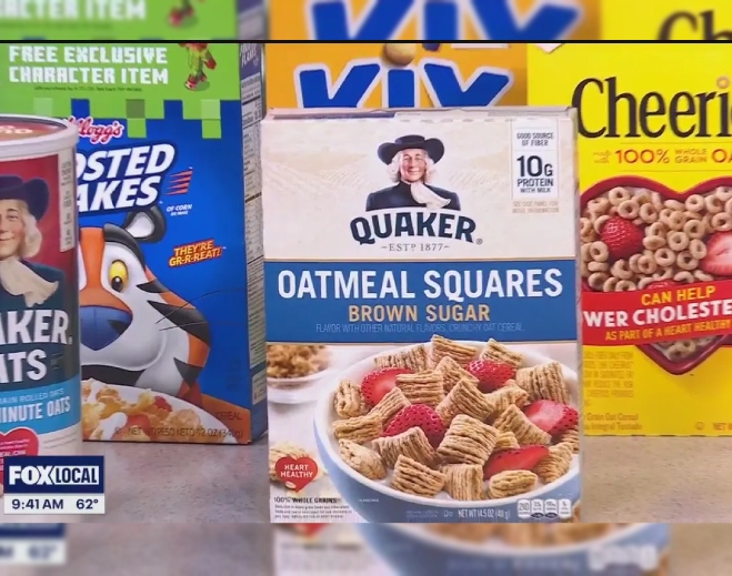 Assorted breakfast cereal boxes display