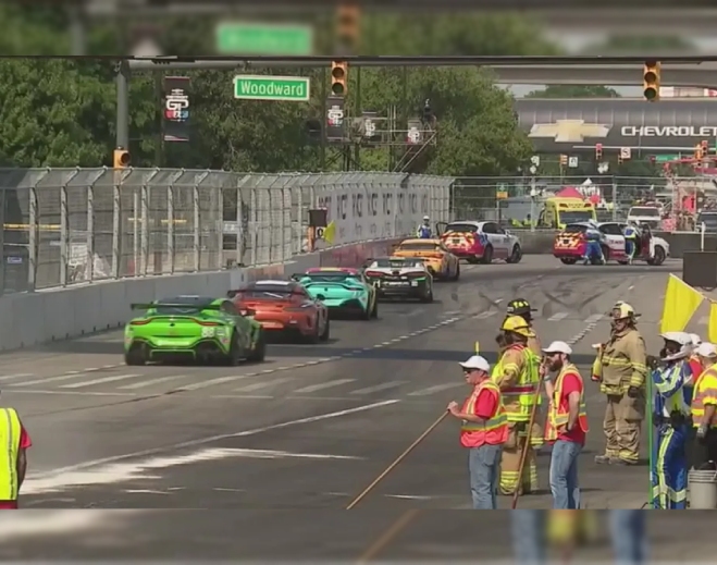 Race cars driving on city track