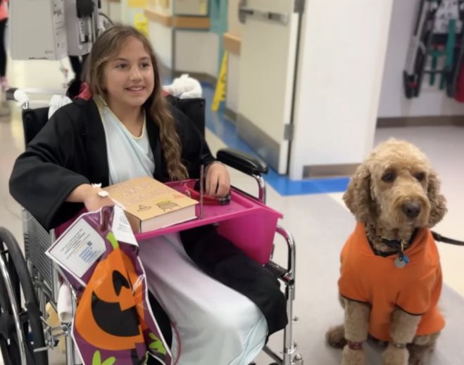 Copilot said: Child in wheelchair with therapy dog