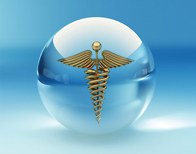 Medical caduceus symbol in glass sphere