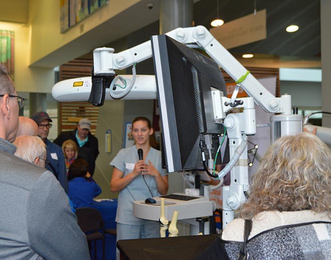 Medical device demonstration in hospital lobby