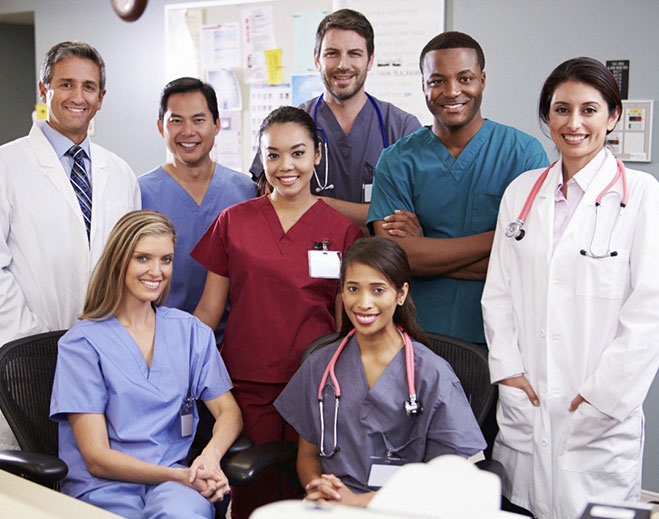 Medical staff group portrait in hospital