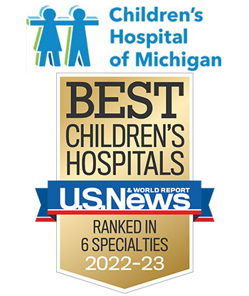 Children's Hospital of Michigan logo and US News 2021 award badge